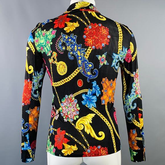 Size S Black Multi Color Floral Silk Pointed Collar Long Sleeve Shirt - Picture 5 of 6